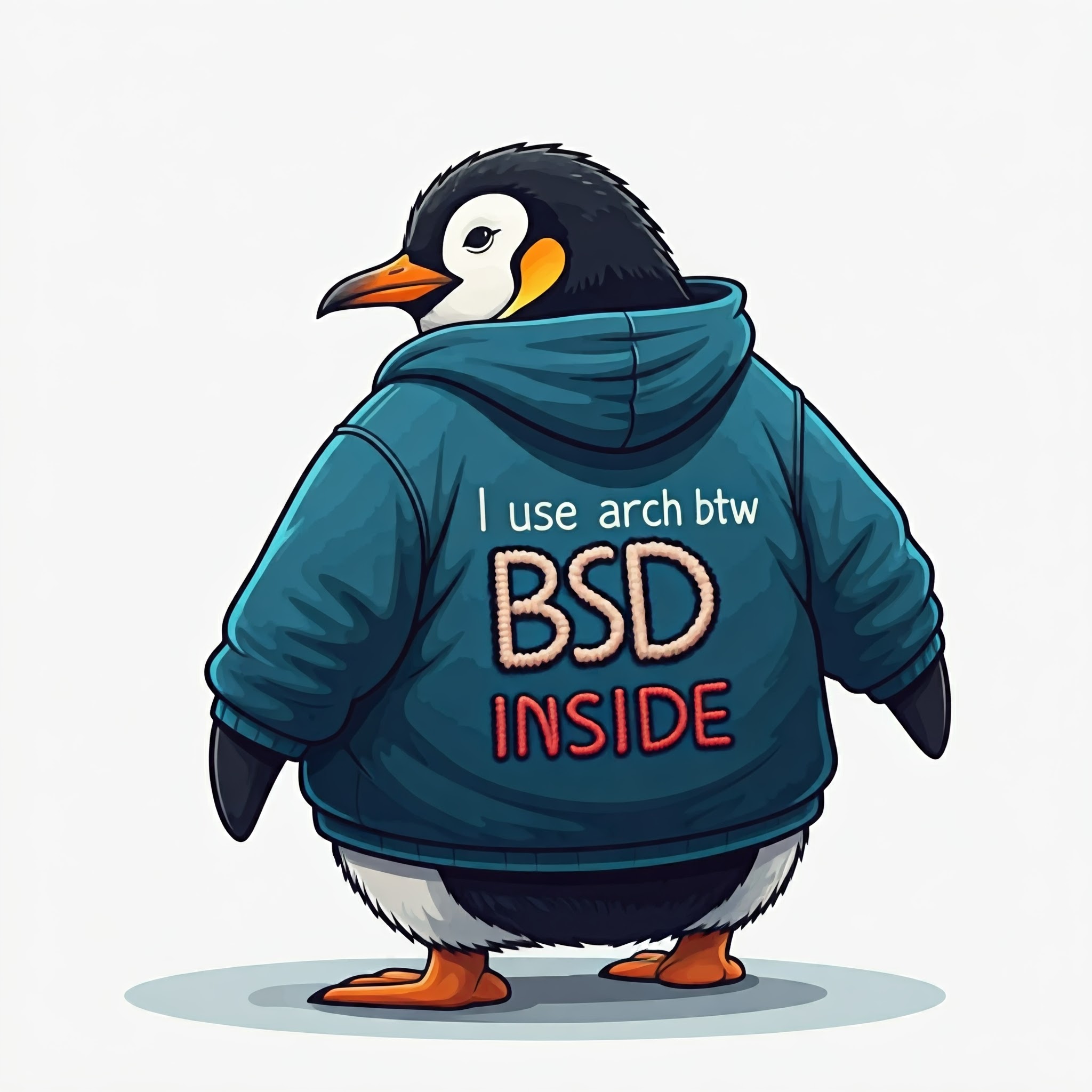 penguin with hoodie with text " I use arch btw BSD inside"