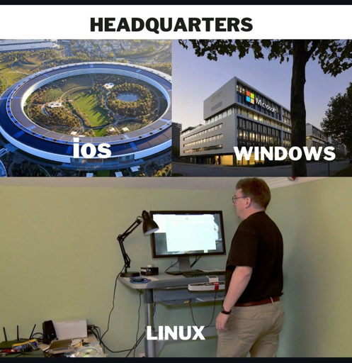 L'immagine è una meme che confronta i "HEADQUARTERS" di tre sistemi operativi: iOS, Windows e Linux. In alto a sinistra, c'è un'immagine aerea di un moderno edificio circolare con il logo "iOS" scritto sotto, rappresentando le imponenti strutture aziendali di Apple. In alto a destra, c'è un'immagine di un edificio moderno con il logo "Microsoft" scritto sopra, simboleggiando le imponenti strutture aziendali di Microsoft. In basso, c'è un'immagine di un uomo in piedi di fronte a un computer con il logo "Linux" scritto sotto, rappresentando un ambiente di lavoro più modesto e personale. L'immagine suggerisce una critica alle strutture aziendali dei sistemi operativi iOS e Windows, in confronto alla semplicità e l'accessibilità del sistema operativo Linux.